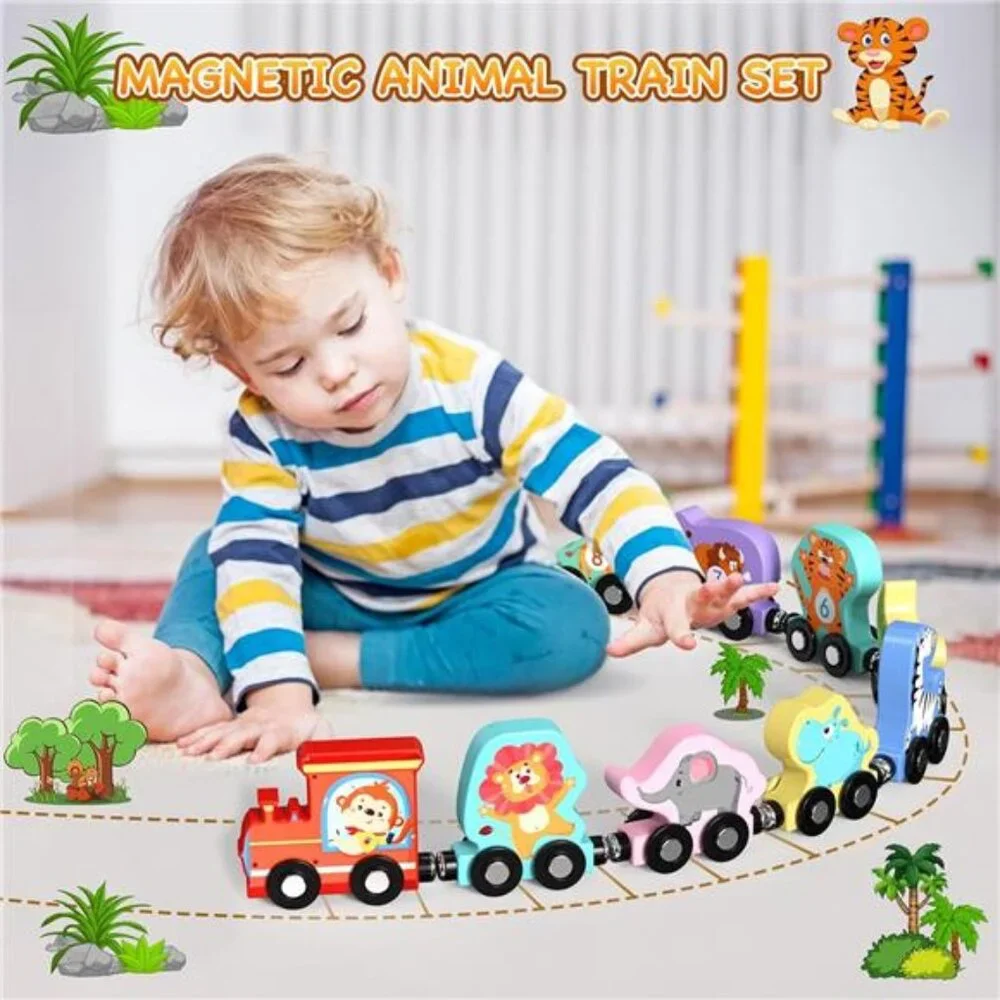 Toys for Toddlers, 11 Magnetic Wooden Animals Train Set, Montessori Toys